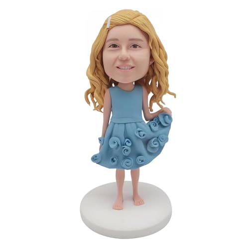 Custom Kid Bobblehead Doll. Girls Blue Rose Dress. Personalized Figure with Stand. Handmade Sculpture for Children Birthday Gift Based on Your Photo