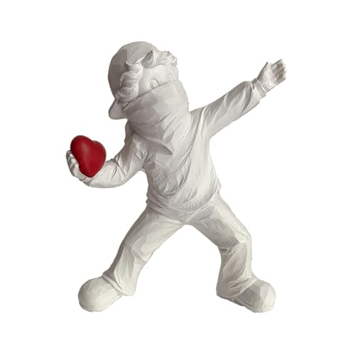Heart Thrower Boy Decorative Statue. White Resin Sculpture. Modern Art Design. 7 x 5.5 inches