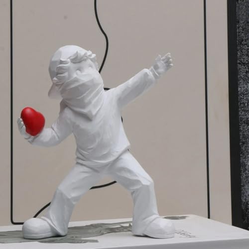 Heart Thrower Boy Decorative Statue. White Resin Sculpture. Modern Art Design. 7 x 5.5 inches