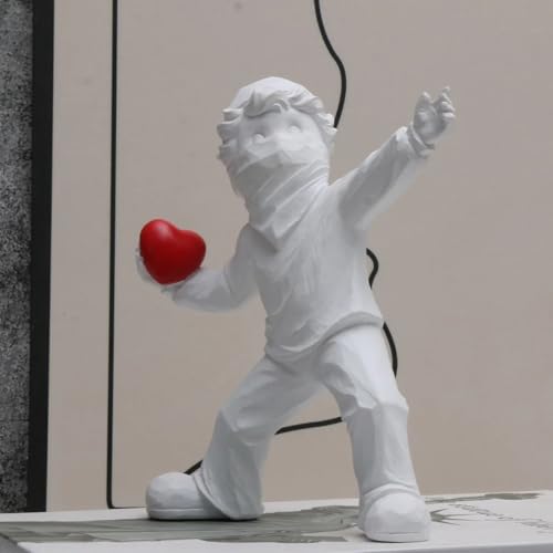 Heart Thrower Boy Decorative Statue. White Resin Sculpture. Modern Art Design. 7 x 5.5 inches