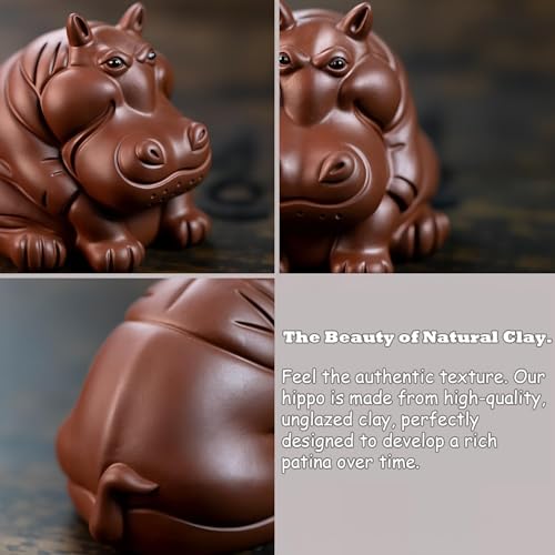 Hippo Figurine Tea Pet. Handmade Clay Sculpture for Tea Ceremony. Mini Desk Pet and Office Decor for Men. Collectible Zen Gift for Tea Lovers. 2.6 Inch