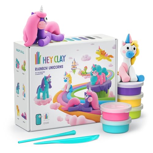 Hey Clay Rainbow Unicorns 15 Tin Set - Colourful Modelling Set for Children with Air-Drying Clay 15 Tins with Modelling Tools and Fun Interactive Instructions