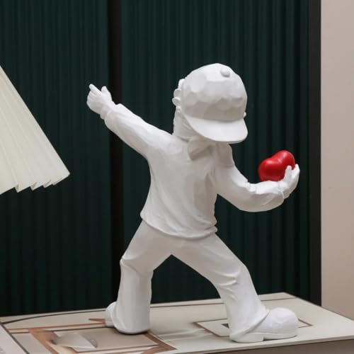 Heart Thrower Boy Decorative Statue. White Resin Sculpture. Modern Art Design. 7 x 5.5 inches