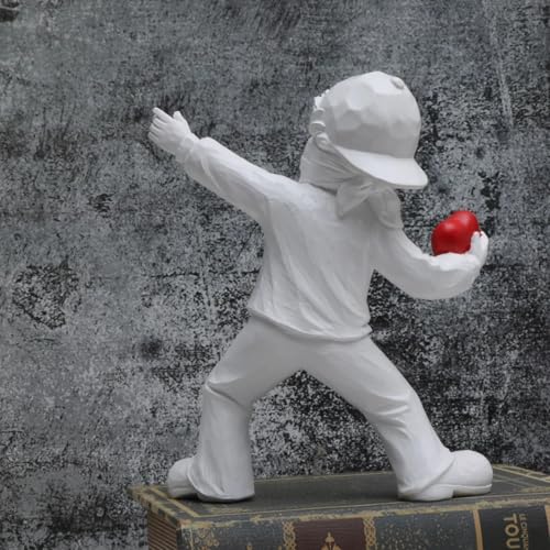 Heart Thrower Boy Decorative Statue. White Resin Sculpture. Modern Art Design. 7 x 5.5 inches